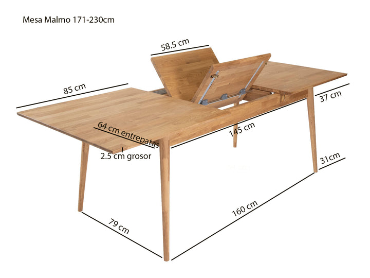  VESKOR Mesa de comedor extensible rectangular de madera de roble MALMO