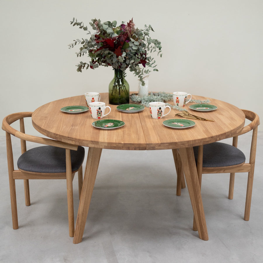 VESKOR Mesa de comedor redonda y extensible de madera maciza de roble LEA